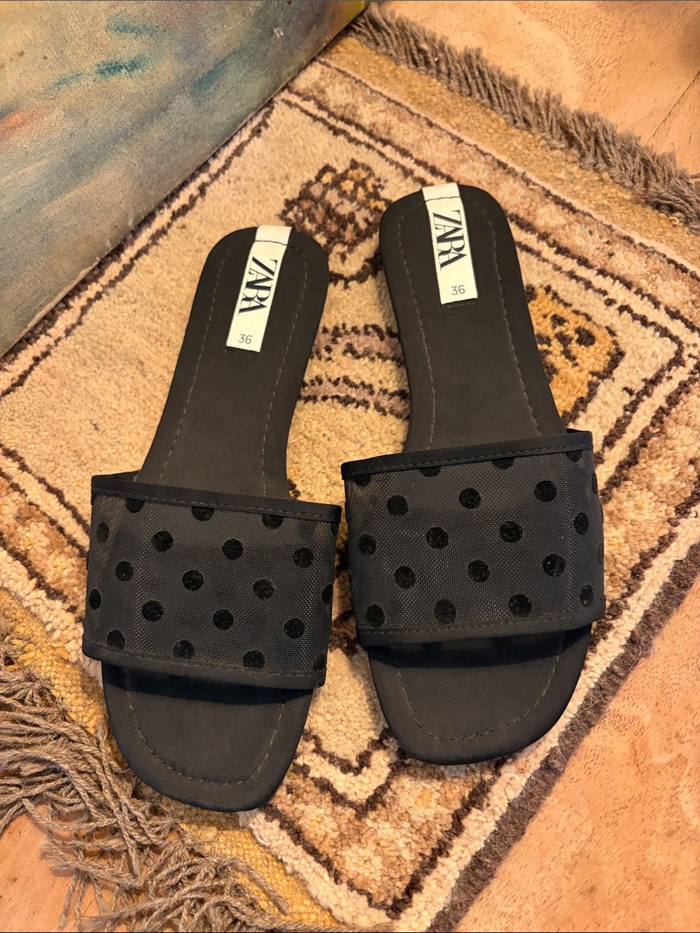 ZARA Black Polka Dot Mesh Slide Mules SZ 36
